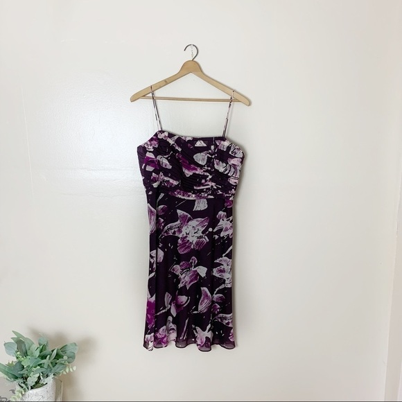 [Ann Taylor] Square Neck Sleeveless Purple Floral Print Silk Dress - Picture 1 of 10